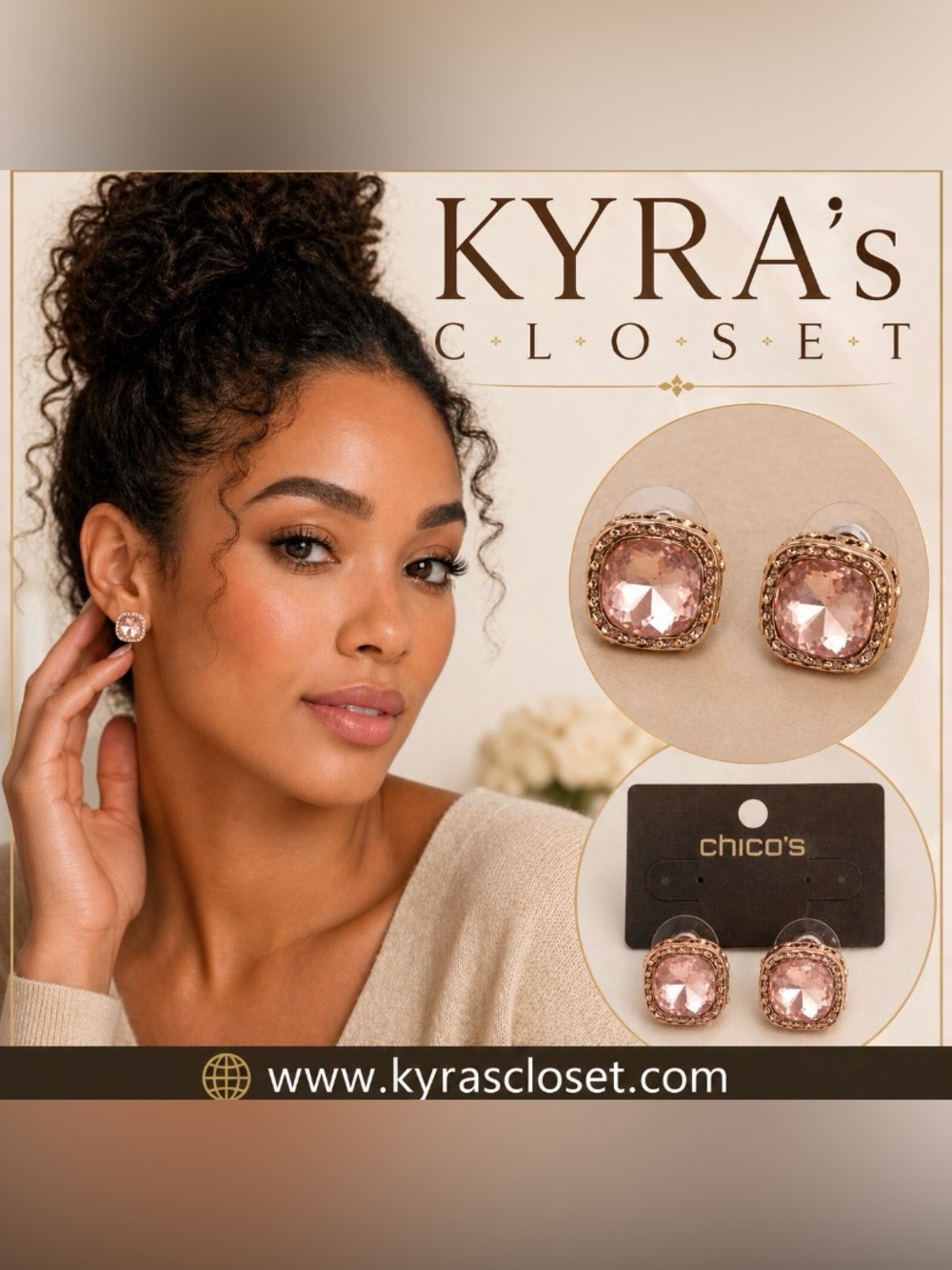 Chico’s Etta Stud Earrings – Champagne/Rose Crystal – Gold Tone – NWT